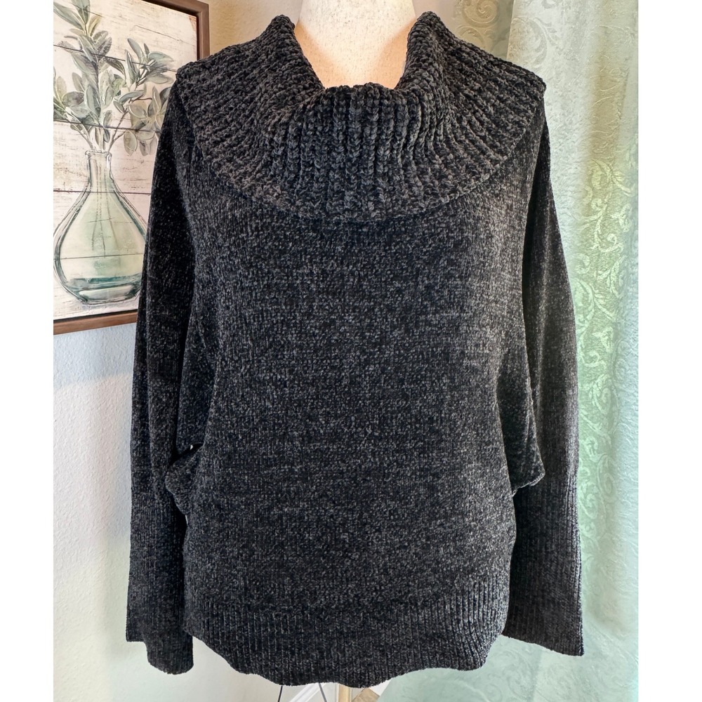 White House Black Market Black Chenille Cowl Neck Batwing Sleeve Sweater L
